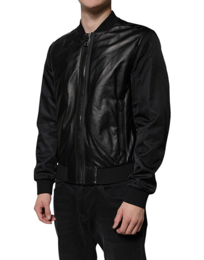 Black Lambskin Full Zip Biker Blouson Jacket