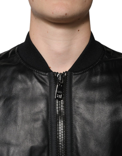 Black Lambskin Full Zip Biker Blouson Jacket