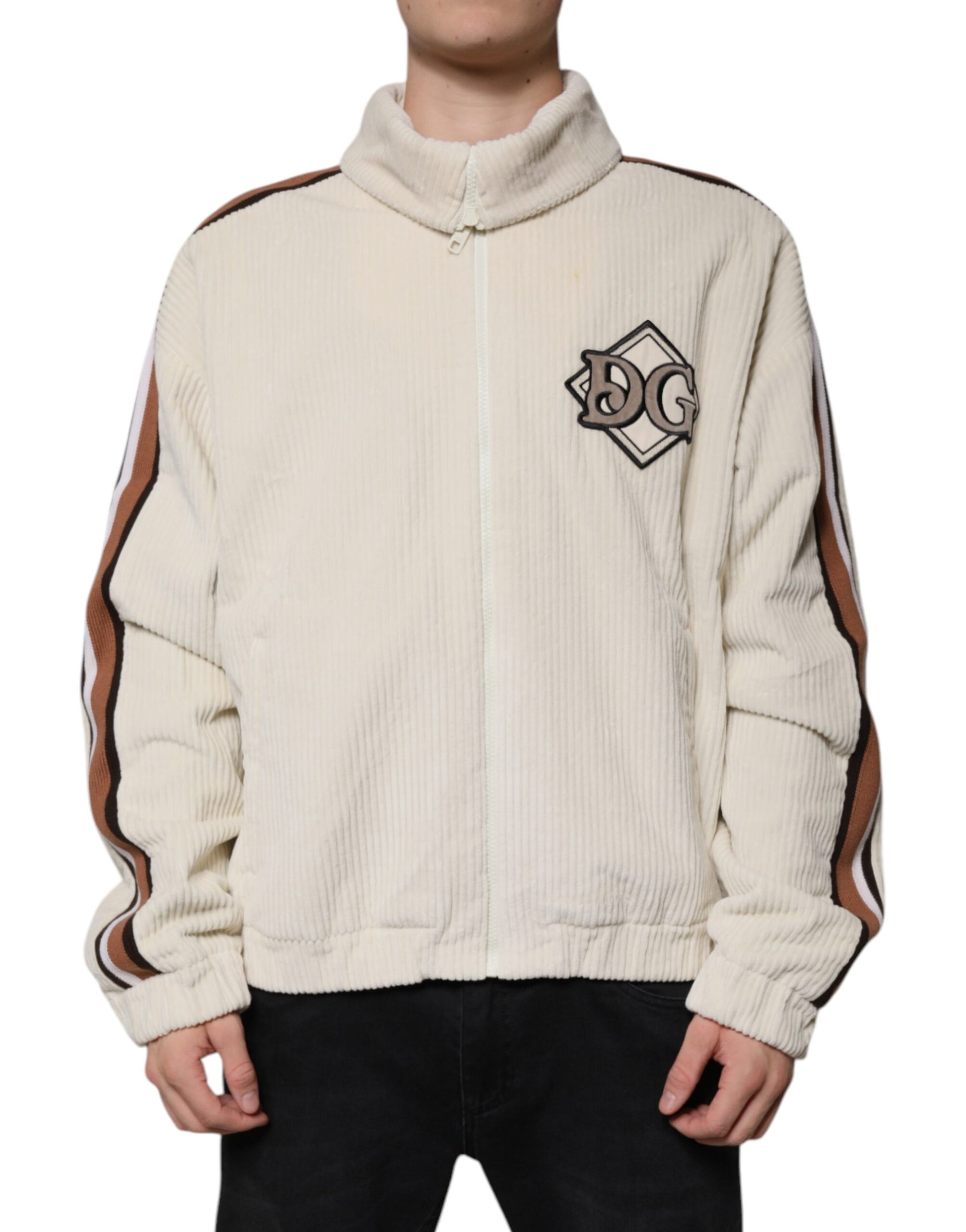 Beige Logo Applique Cotton Corduroy Full Zip Jacket