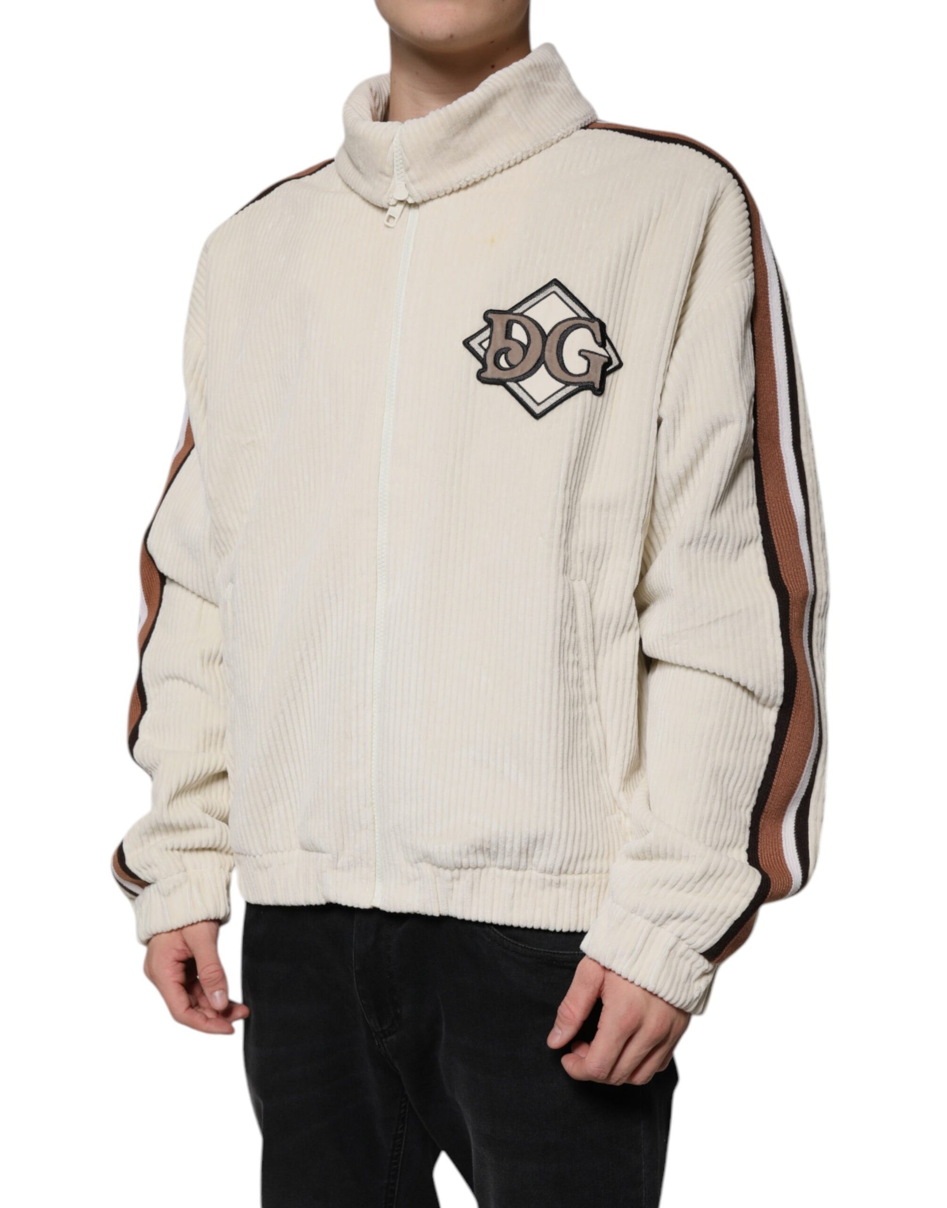 Beige Logo Applique Cotton Corduroy Full Zip Jacket