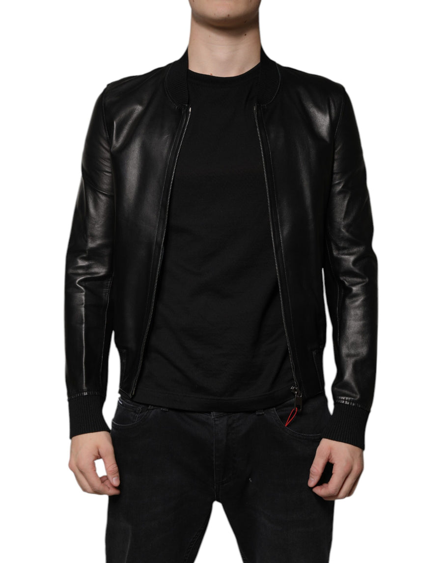 Black Lambskin Full Zip Biker Blouson Jacket