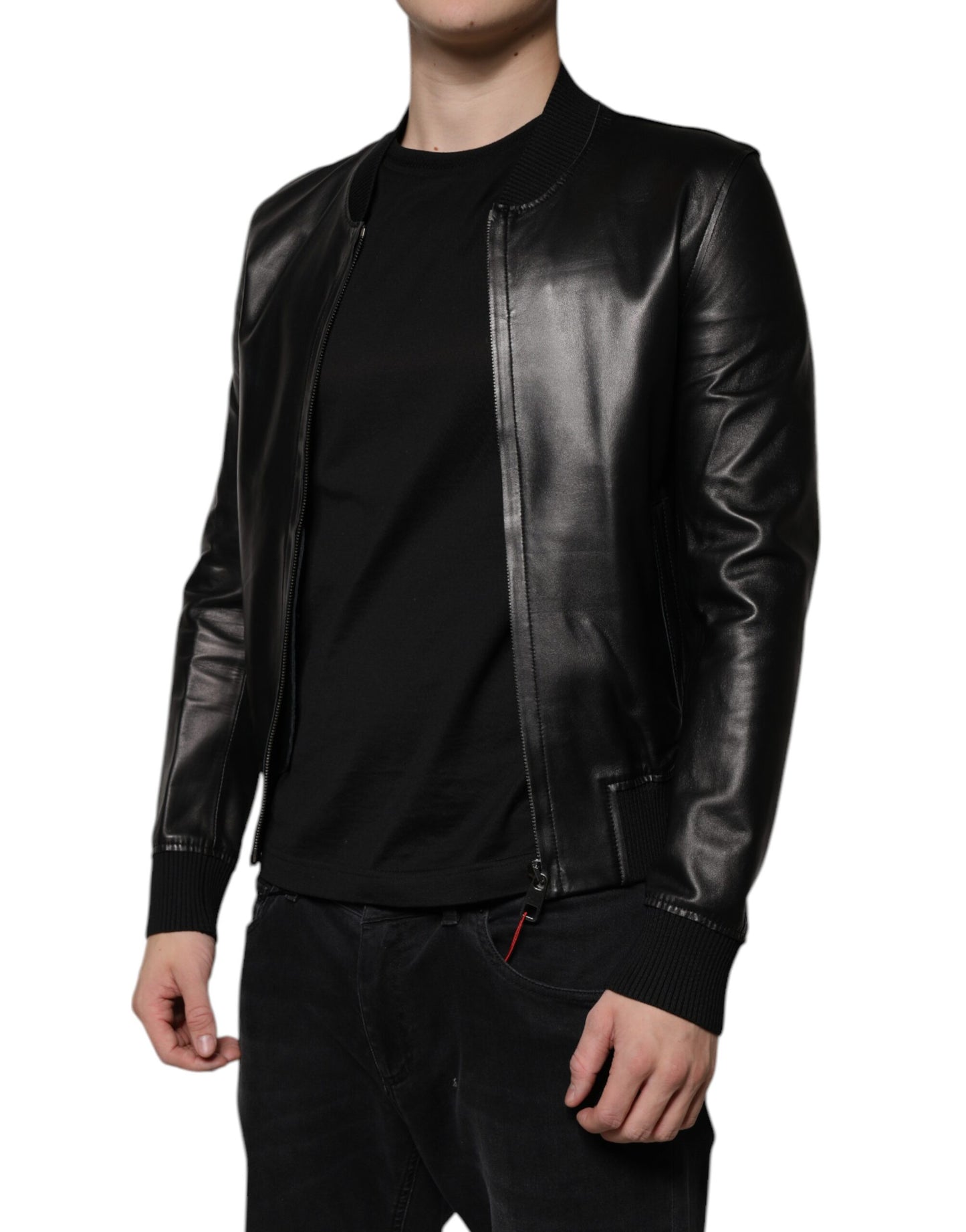 Black Lambskin Full Zip Biker Blouson Jacket