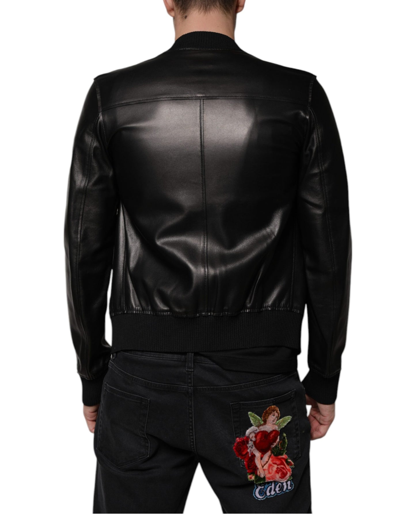 Black Lambskin Full Zip Biker Blouson Jacket