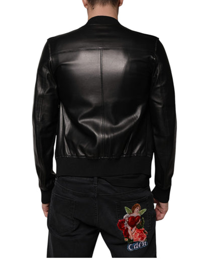 Black Lambskin Full Zip Biker Blouson Jacket