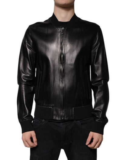 Black Leather Full Zip Biker Blouson Jacket