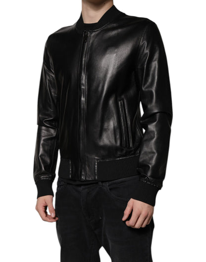 Black Leather Full Zip Biker Blouson Jacket