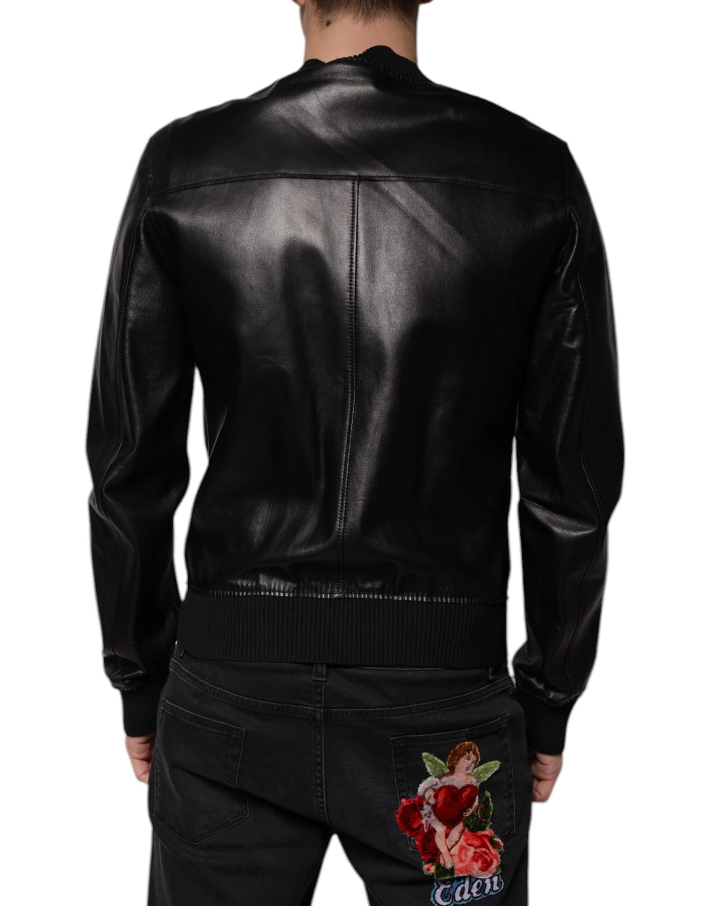 Black Leather Full Zip Biker Blouson Jacket