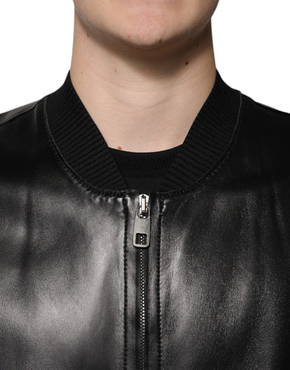 Black Leather Full Zip Biker Blouson Jacket