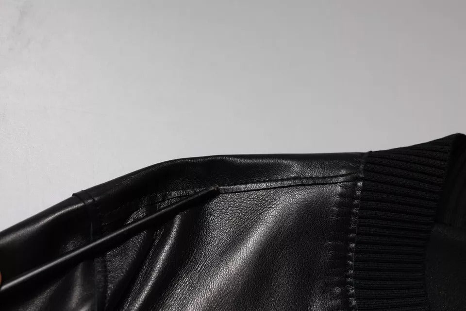 Black Leather Full Zip Biker Blouson Jacket