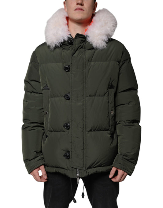 Green Hooded Long Sleeves Fur Shearling Jacket