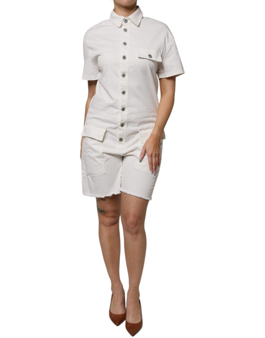 White Cotton Short Sleeves Button Down Romper Dress