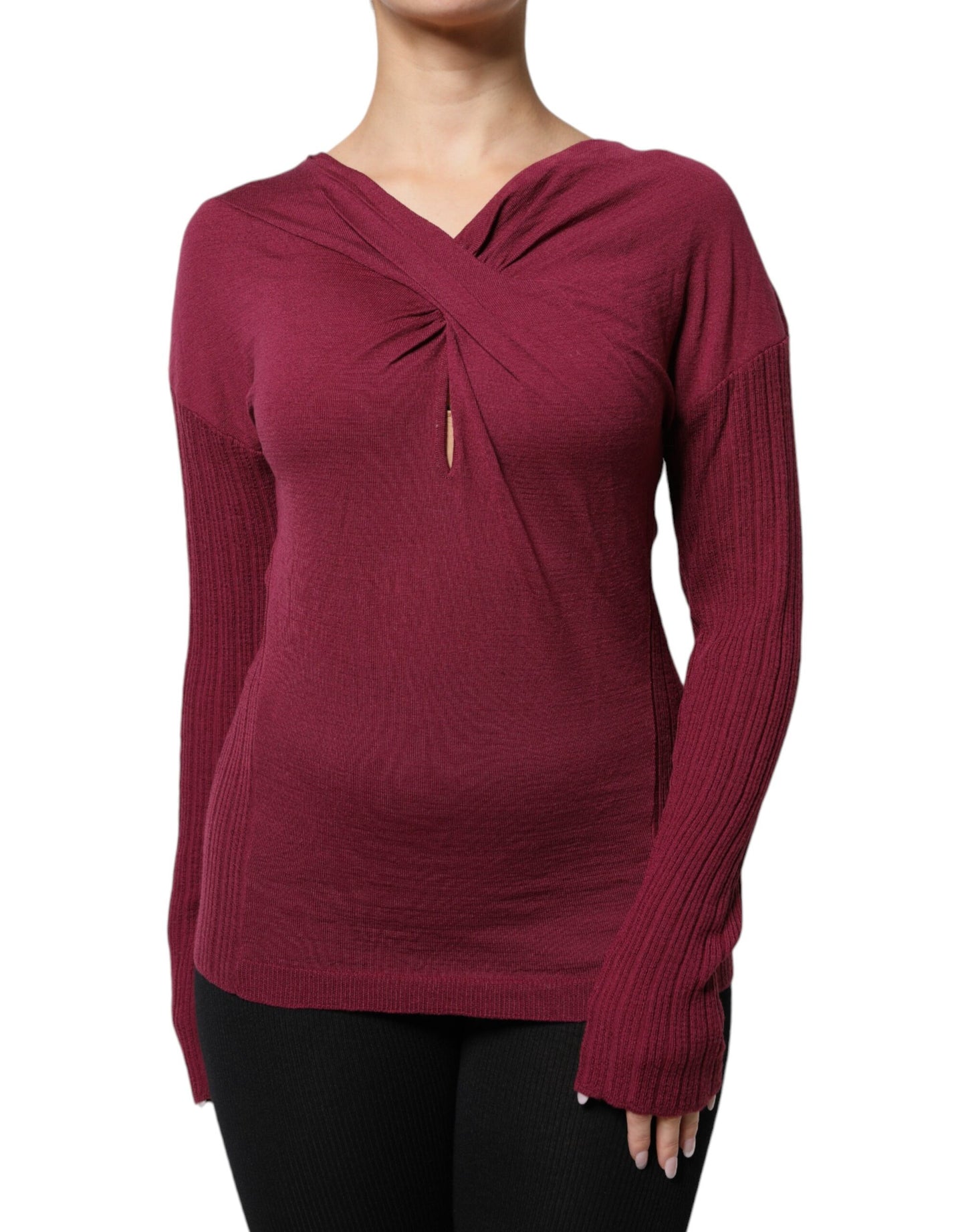 Maroon Jumper Keyhole Knit Pullover Sweater