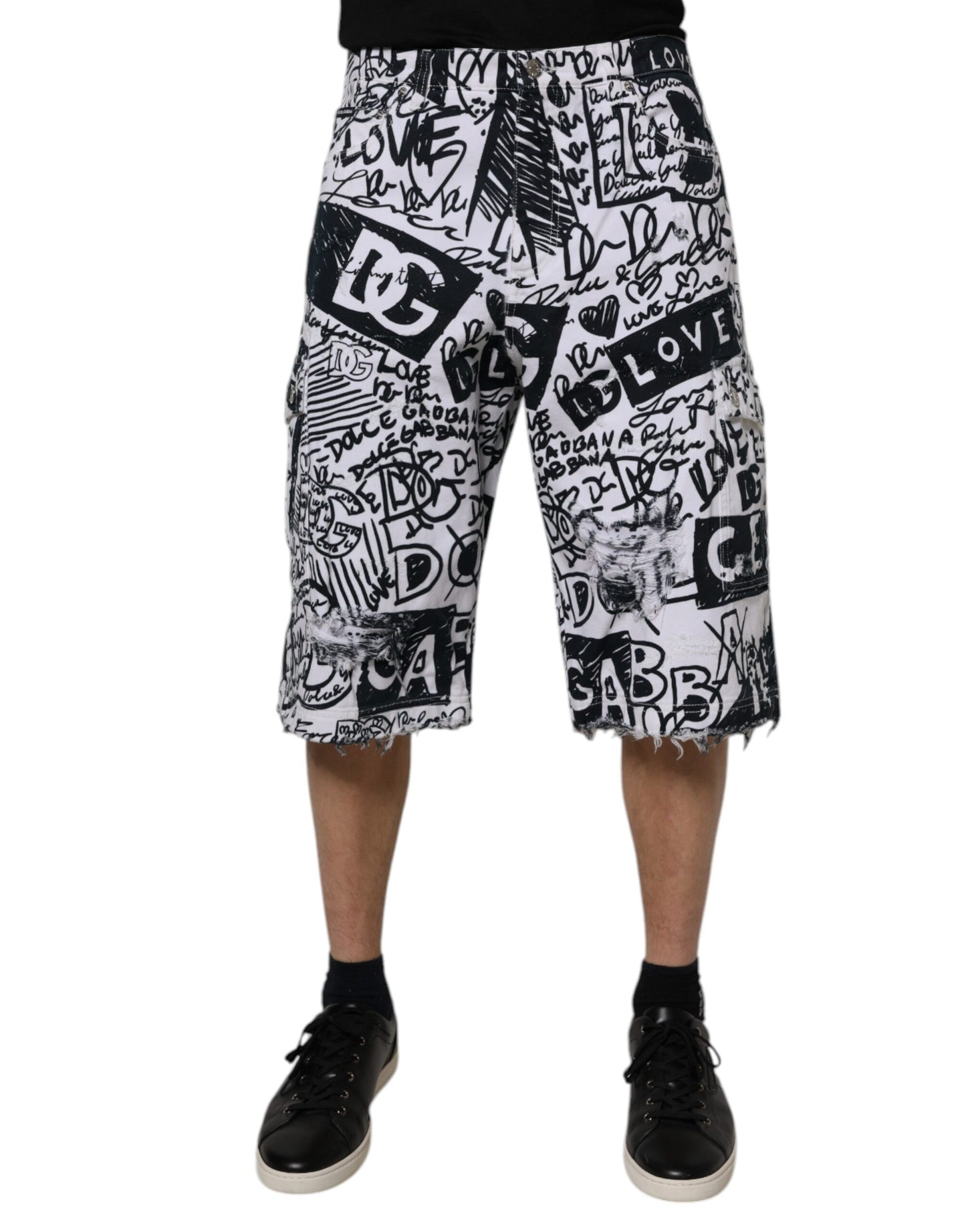 White Graffiti Cotton Men Bermuda Denim Shorts