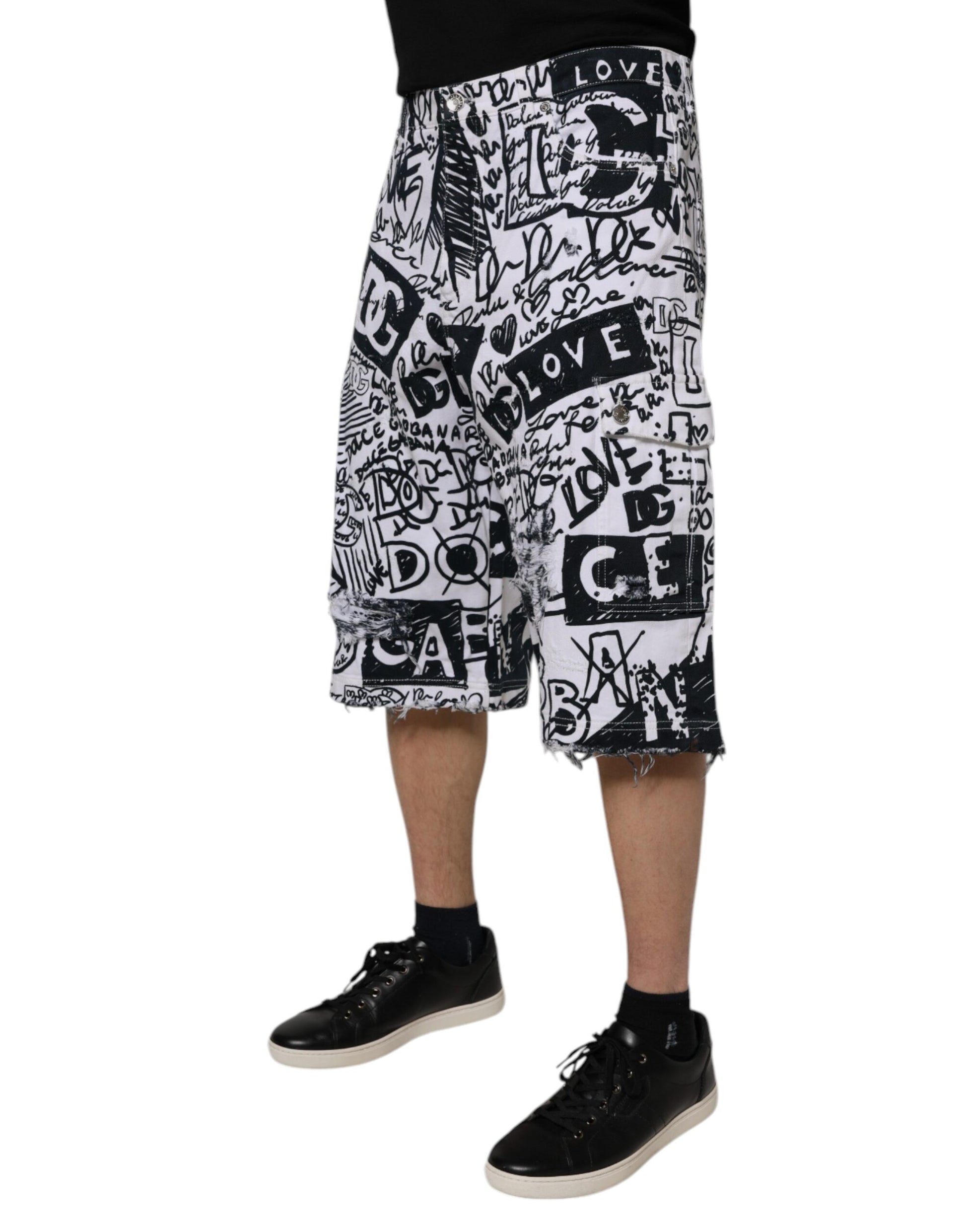 White Graffiti Cotton Men Bermuda Denim Shorts