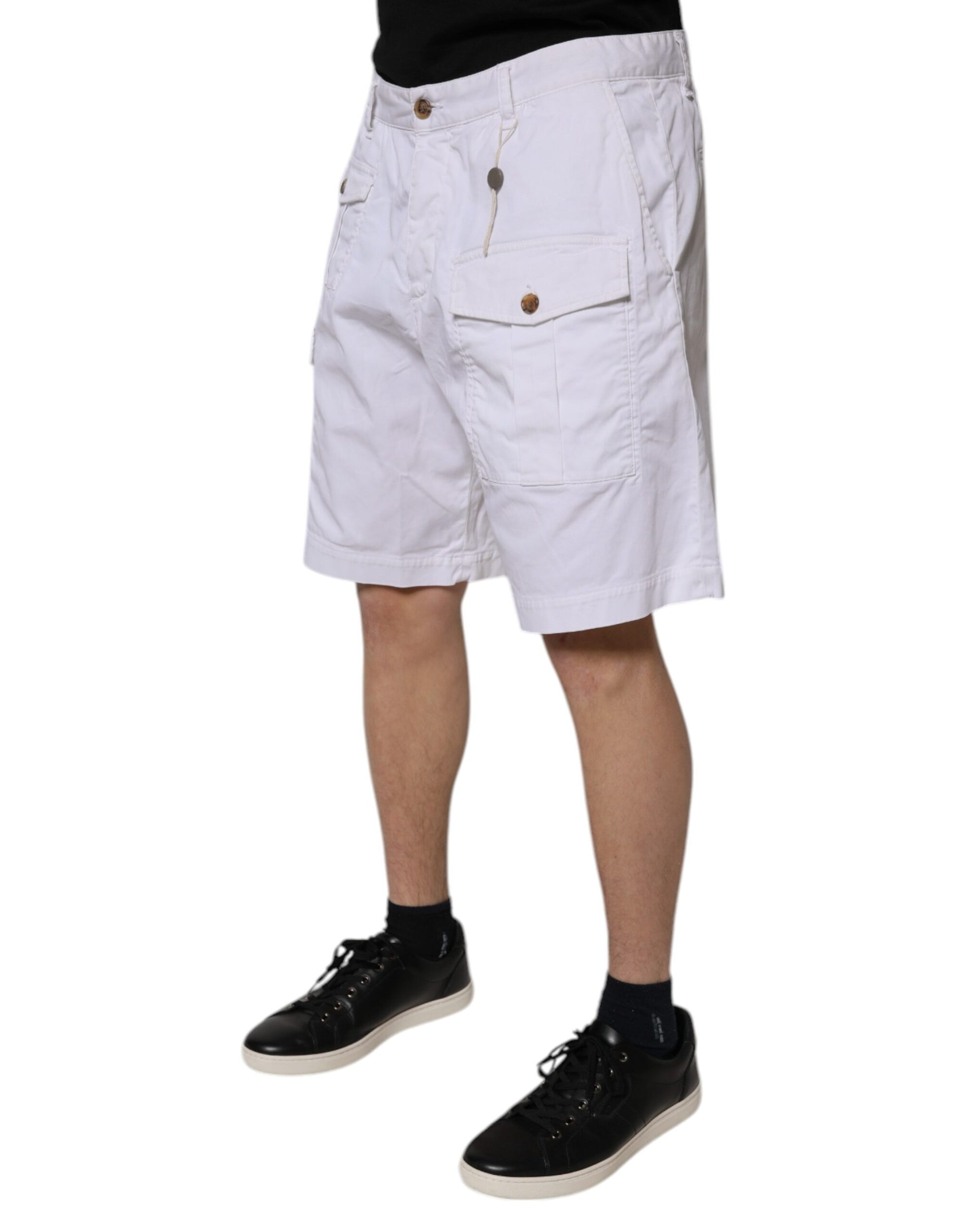 White Cargo Denim Mid Waist Casual Bermuda Shorts