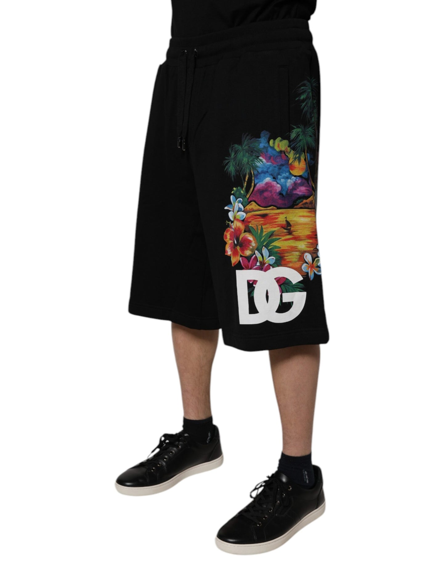 Black Floral Logo Cotton Men Bermuda Shorts