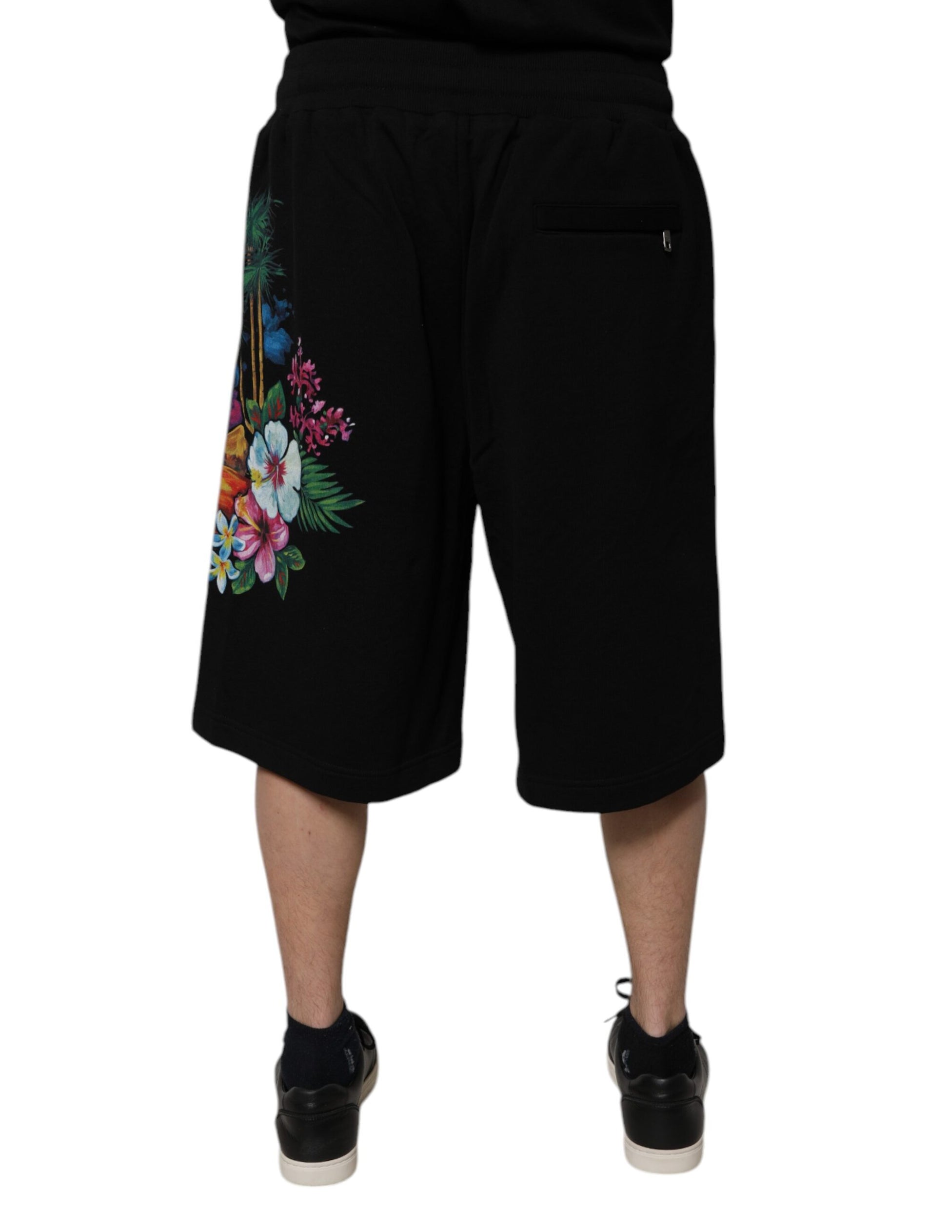 Black Floral Logo Cotton Men Bermuda Shorts