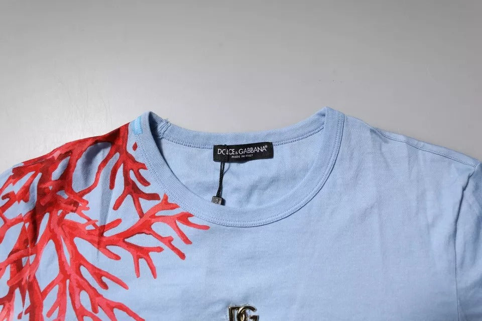 Light Blue Coral Cotton Men Crew Neck T-shirt