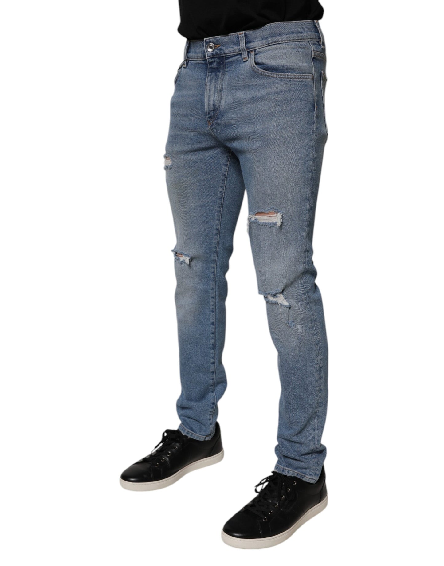 Light Blue Tattered Logo Slim Men Denim Jeans