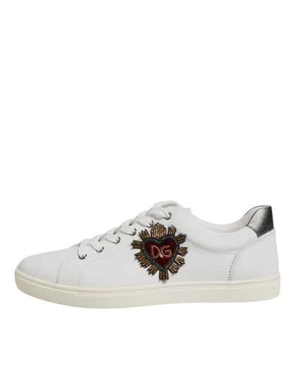 White Leather Heart Embellished Sneakers Shoes