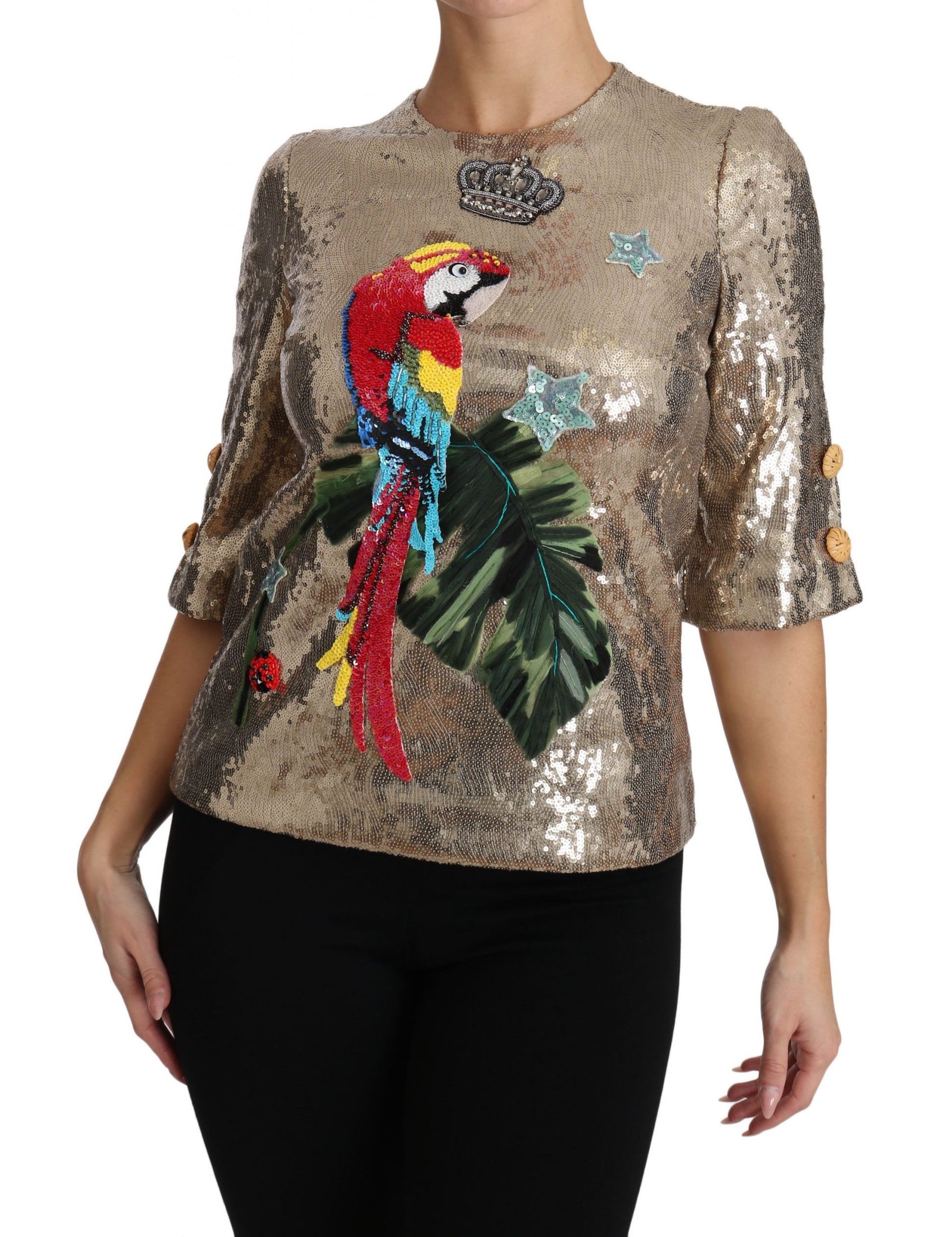 Gold Parrot Motif Crewneck Blouse with Crystals